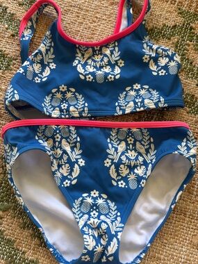 Mini Boden Blue Floral Two-Piece Swim Set with Pink Trim